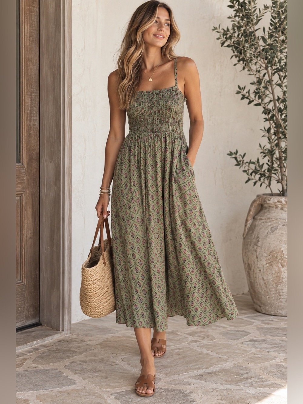 Dip Smocked Olive Green Floral Linen Blend Midi Sundress NWT size Medium
